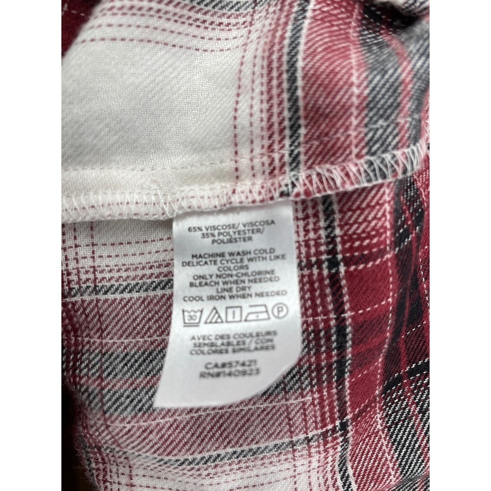 LOFT Plaid Ruffle Neck Flannel Top Womens Medium Burgundy Button Cottagecore - Picture 8 of 8